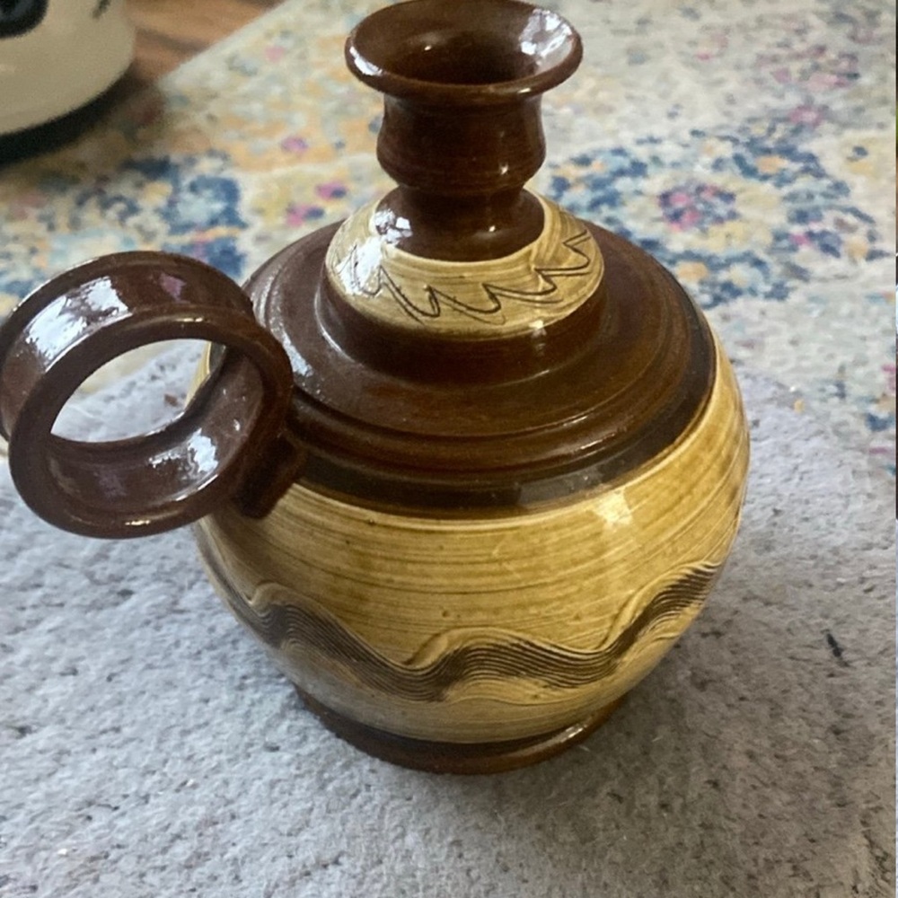 Studio Pottery Ceramic Oil Lamp
Signed Blue Hand Held Finger Loop
Vintage
